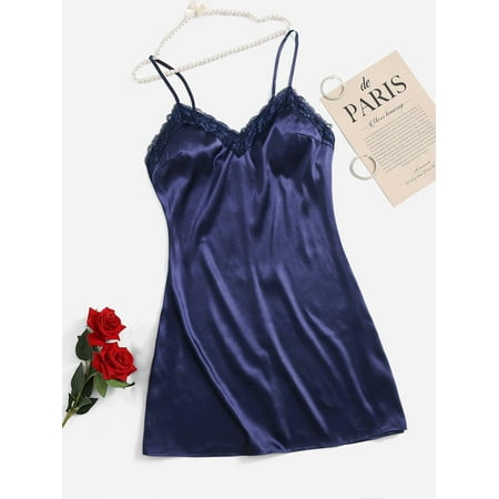 

Navy Blue Elegant Women s Plus Lace Trim Satin Cami Nightdress 4XL(20) Y22001D