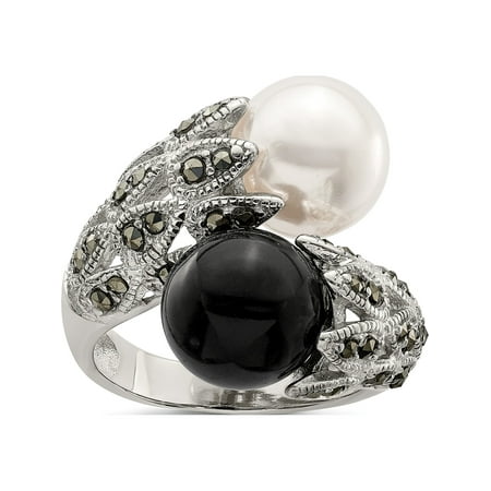 Designer Sterling Silver Marcasite Black And White Plastic Imitation Pearl Ring (Length=0.00) (Width=0.00) Made In China