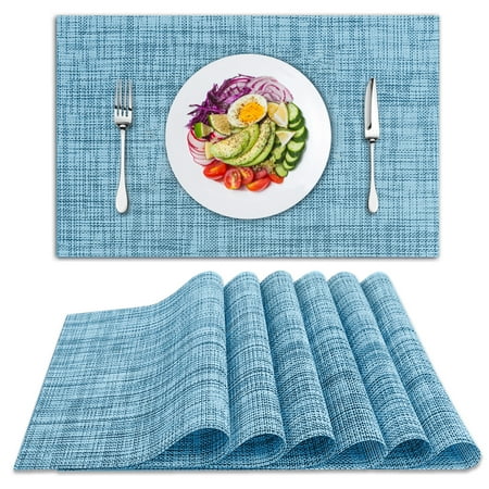Placemats Set of 6 Woven Placemats for Dining Table Heat-Resistant Placemats Stain Resistant Anti-Skid Washable PVC Table Mats Vinyl Placemats for Kitchen Restaurant Table Blue