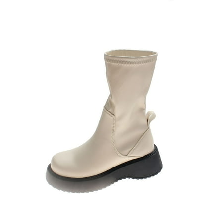 Women Slip On Retro Fashion Thick Sole Leather Boot