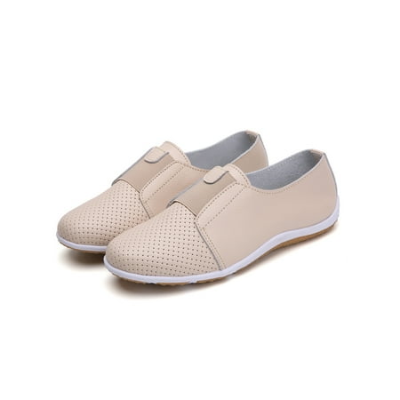 UKAP Women Nursing Shoes Elastic Boat Shoe Slip On Flats Lightweight Casual Loafers Womens Moccasin Non-slip Breathable Beige 8.5