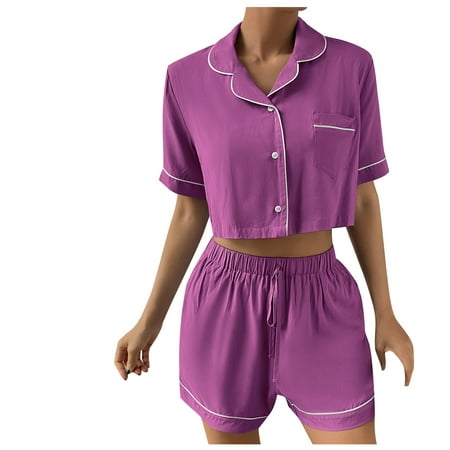 Womens Summer Pajamas 2 Piece Casual Lapel Button down Short Sleeve Crop Shirts and Drawstring Shorts Sets Sleepwear Purple
Womens Summer Pajamas 2 Piece Casual Lapel Button down Short Sleeve Crop Shirts and Drawstring Shorts Sets Sleepwear Purple