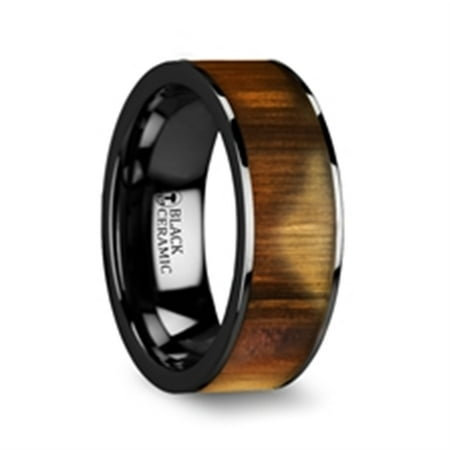Martin Olive Wood Inlaid Flat Black Ceramic Ring With Polished Edges