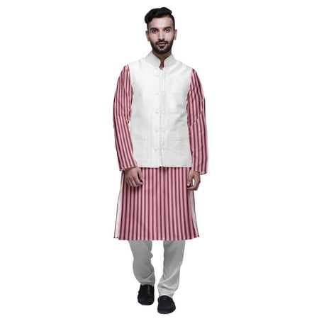 Atasi Mens Kurta Pajama Jacket Indian Mandarin Collar Printed Ethnic Wear Set