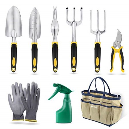 yissvic garden tools set, 9 piece heavy duty gardening kit cast-aluminum with soft rubberized non-slip handle -durable storage tote bag and pruning shears - garden gifts for men women