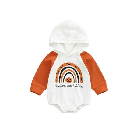 

CenturyX Kids Baby Girls Halloween Romper Long Sleeve Rainbow Pumpkin Print One-Piece Hooded Bodysuit White 3-6 Months