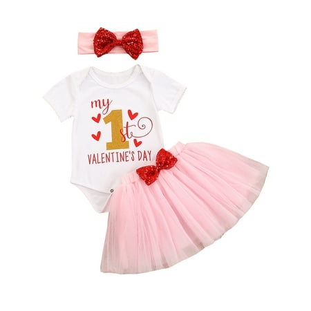 Dewadbow Baby Girl’S Letter Romper And Bow Sequin Gauze Skirt With Headband