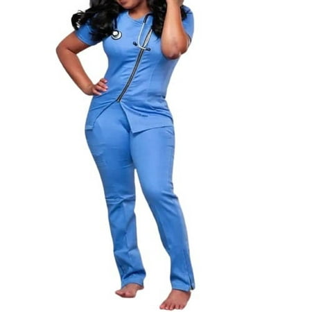 

New Style Medical Uniform Scrub Set Hospital Nurse Top and Pant with Zip-up Design for Women - Royal Blue