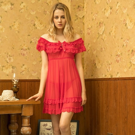 Inkach Womens Ladies Lace Bowknot Slash-Neck Sleepwear Nightdress Pajamas