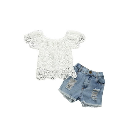 Canrulo Toddler Summer 2Pcs Baby Girls Off Shoulder Lace Tops + Ripped Shorts Jeans Set
Canrulo Toddler Summer 2Pcs Baby Girls Off Shoulder Lace Tops + Ripped Shorts Jeans Set