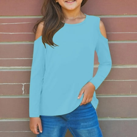SEAOPEN Deals Girl's Cold Shoulder Long Sleeve Tee Shirts Top Cut Out Crew Neck Slim Fit Knitted T-Shirt Today Sales Blue,4 Years
