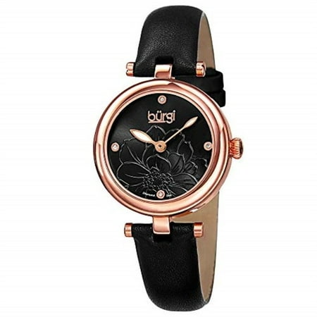 Women's BUR128BKR Diamond Accented Flower Dial Rose Gold & Black Leather Strap Watch