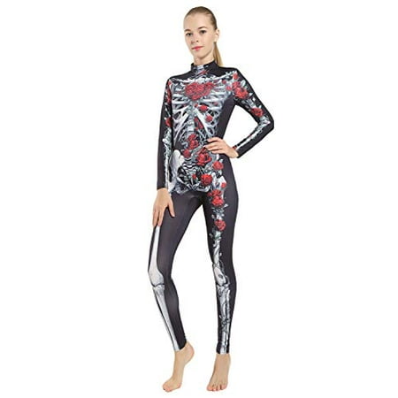 Quesera Women's Halloween Costume Skeleton Zip Up Skinny Catsuit Stretch Jumpsuit, Red2, Tag Size XL=US Size L