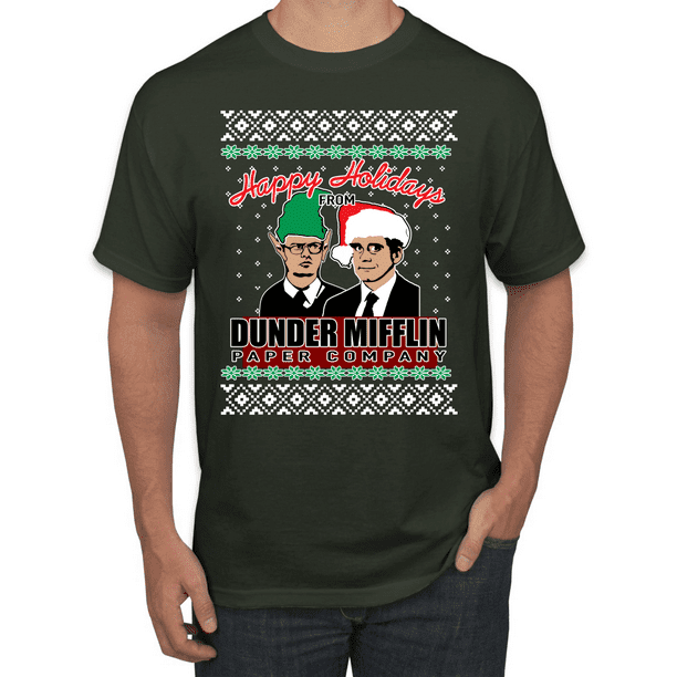 Happy Holidays From Dunder Mifflin Inc, Paper Company Mike and Dwight | Mens Ugly Christmas Graphic T-Shirt