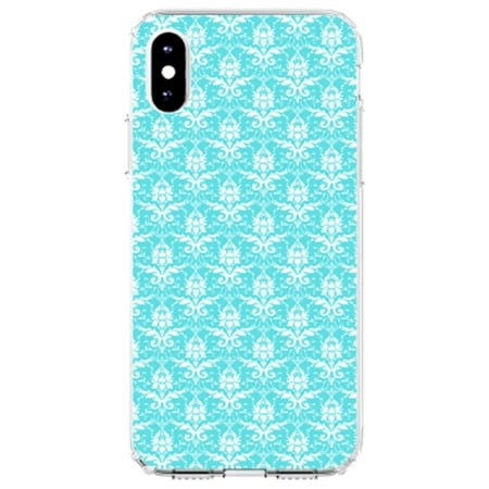 DistinctInk Clear Shockproof Hybrid Case for iPhone X / XS (5.8" Screen) - TPU Bumper, Acrylic Back, Tempered Glass Screen Protector - Baby Blue White Damask Pattern - Floral Damask Pattern