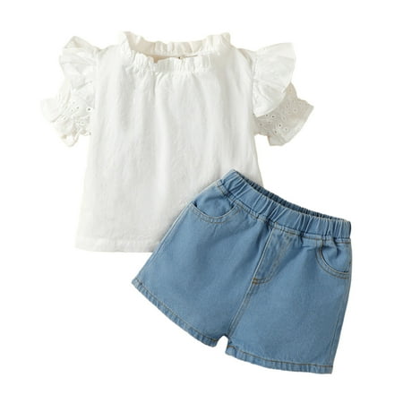 Toddler Girls Short Sleeve Ruffle Solid Casual T Shirt Tops Denim Shorts Jeans 2PCS Outfits
Toddler Girls Short Sleeve Ruffle Solid Casual T Shirt Tops Denim Shorts Jeans 2PCS Outfits