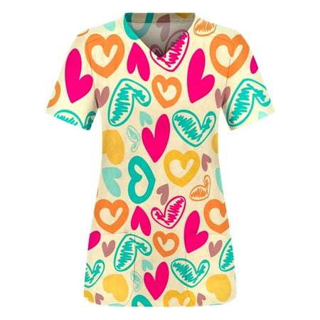 XHJUN Scrub Tops Women Plus Size Casual Short Sleeve Cute Cartoon Print Scrub Shirts with Pockets Yellow XL