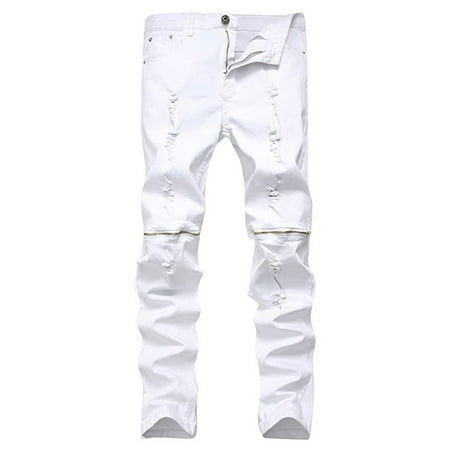 Men's Skinny Ripped Distressed Destroyed slim fit jeans Zipper Jeans With Holes