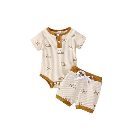 Frobukio Summer Toddler Baby Girls Boys Clothes Sets Ribbed Knitted Short Sleeve Sun Pinrt Rompers+Shorts Outfits Apricot 0-3 Months
Frobukio Summer Toddler Baby Girls Boys Clothes Sets Ribbed Knitted Short Sleeve Sun Pinrt Rompers+Shorts Outfits Apricot 0-3 Months