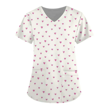 Womens Valentine s Day T Shirt Short Sleeve V Neck Love Heart Printed Scrub Tops Blouse Working Uniform Tops
Womens Valentine s Day T Shirt Short Sleeve V Neck Love Heart Printed Scrub Tops Blouse Working Uniform Tops