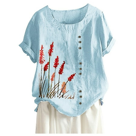 Womens Summer Cotton Linen Crewneck Short Sleeve Top Plus Size Button Blouses Casual Loose Fit Trendy Flowers Tunic Tees
Womens Summer Cotton Linen Crewneck Short Sleeve Top Plus Size Button Blouses Casual Loose Fit Trendy Flowers Tunic Tees
