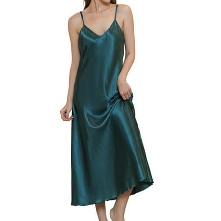 Niuer Women Night Gowns Sleeveless Sleep Dress V Neck Nightgowns Strappy Pajama Adjustable Straps Sleepwear Dark Green L
