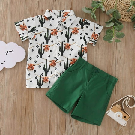 Cowhead Printed Toddler Boys Outfits Turn-Down Collar Short Sleeve Printed T Shirt Green Shorts Gentleman Style Spring Summer Cute Casual Cartoon Fashion Outwear Streetwear Vocation Sets
Cowhead Printed Toddler Boys Outfits Turn-Down Collar Short Sleeve Printed T Shirt Green Shorts Gentleman Style Spring Summer Cute Casual Cartoon Fashion Outwear Streetwear Vocation Sets