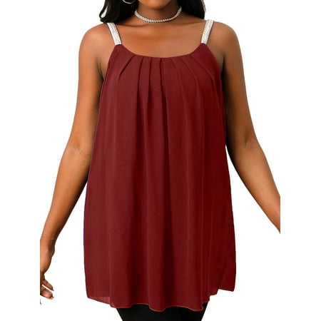 Cilcicy Casual Style Strappy Sleeve Pleated Chiffon Camisole Women