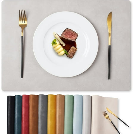 Vinyl Placemats Set of 6-12 X 17 Inch - Faux Leather 100% Waterproof Oil-Proof Wipeable PU Place Mats Heat Resistant Reversible Table Mats for Kitchen Dining Outdoor (Light Grey) 
Vinyl Placemats Set of 6-12 X 17 Inch - Faux Leather 100% Waterproof Oil-Proof Wipeable PU Place Mats Heat Resistant Reversible Table Mats for Kitchen Dining Outdoor (Light Grey)