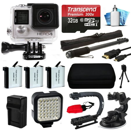 GoPro HERO4 Silver Edition 4K Action Camera with 32GB MicroSD Card, 3x Batteries with Charger, Opteka xGrip Action Video Stabilizer, Night LED Light, Car Mount Attachment, HDMI Micro Cable and more