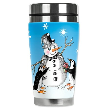 Mugzie brand 20-Ounce "MAX" Stainless Steel Travel Mug with Insulated Wetsuit Cover - Penguin's & Snowman