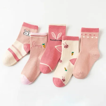 5pairs Girls Cartoon Bunny Carrot Pattern Cotton Crew Socks Kids Socks