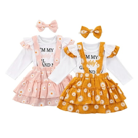 GuliriFei Baby Girl’s Letter Romper and Daisy Suspender Skirt Headband Set