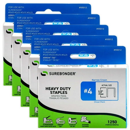Surebonder Heavy Duty Narrow Crown Staples - 1/2 Length - 1250/box 5 Pack