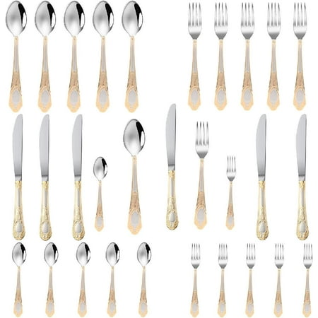 Silverware Flatware Cultery Set 30-Piece Stainless Steel Flatware Set Utensil Set Service for 6 Openwork Engraving Stainless Steel Tableware includes Forks Spoons Knives Dishwasher Safe
Silverware Flatware Cultery Set 30-Piece Stainless Steel Flatware Set Utensil Set Service for 6 Openwork Engraving Stainless Steel Tableware includes Forks Spoons Knives Dishwasher Safe