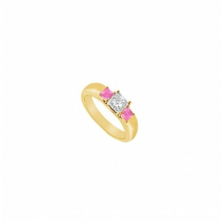 Three Stone Diamond & Pink Sapphire Ring 14K Yellow Gold, 0.25 CT - Size 6