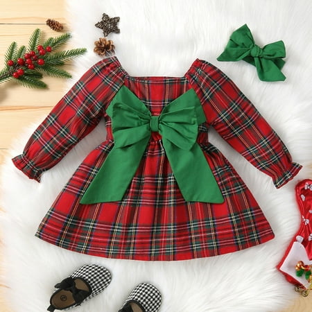 Qazqa Toddler Girls Long Sleeve Bowknot Plaid Prints Dress Headbands Set