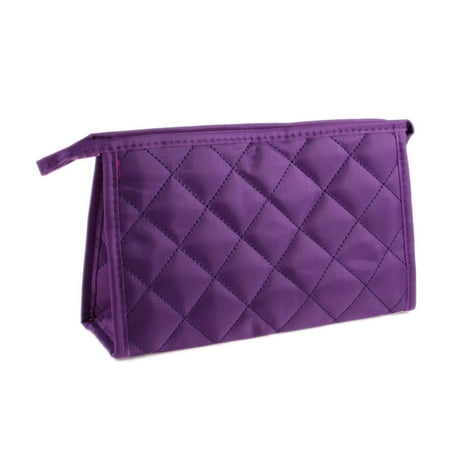 Portable Purple Nylon Grid Pattern Zipper Cosmetic Makeup Storage Bag for Women