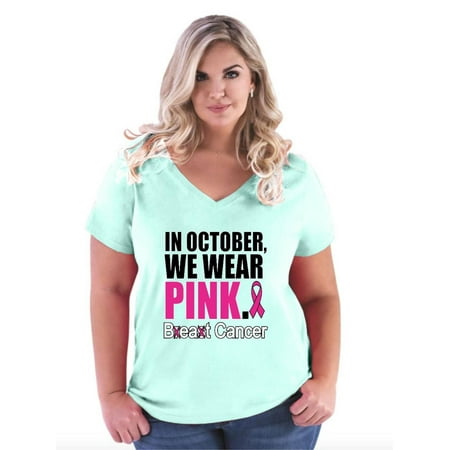 in October We Wear Pink Breast Cancer Awareness Women's Curvy Plus Size V-Neck Tee