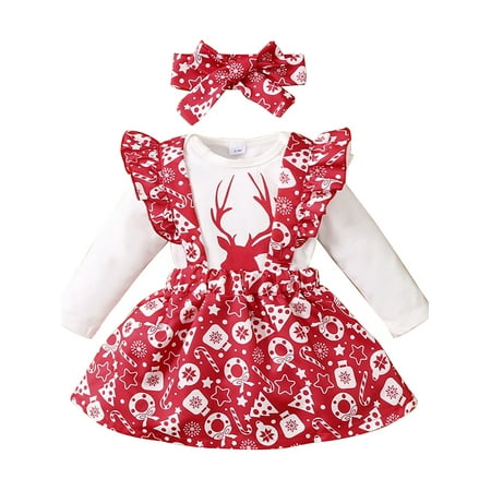elfinBE Newborn Baby Girl Christmas Printed Romper Suspender Skirt And Hairband 3PCs Outfit Suit 0-12M