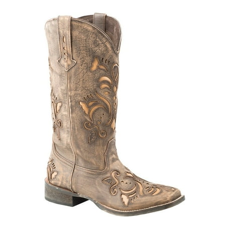 Roper Womens Belle Tooled-Inlay Square Toe Boots Mid Calf Low Heel 1-2