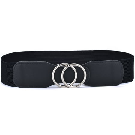 Beltox Women’s Elastic Waist Belt w Double Silver Ring Black 27-35