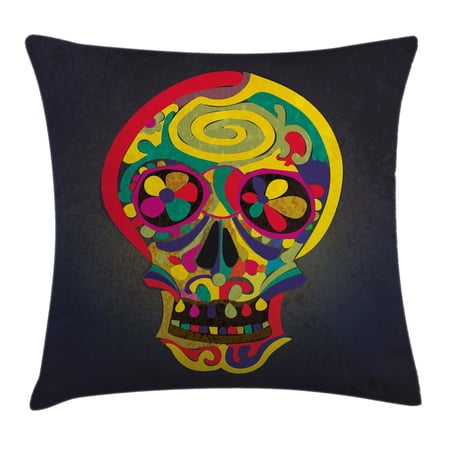 Skull Throw Pillow Cushion Cover, Artistic Colorful Hand Drawn Skull Illustration with Abstract Flowers Creative Motifs, Decorative Square Accent Pillow Case, 20 X 20 Inches, Multicolor, by Ambesonne