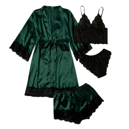 

Yeahitch Women s Satin Pajama Set 4 Piece Floral Lace Camisole Lingerie Nightgown with Robe Green L