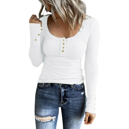 

iOPQO corset tops for women Women Long Sleeve Henley T Shirts Button Down Slim Fit Tops Scoop Neck Ribbed Knit Shirts womens tops