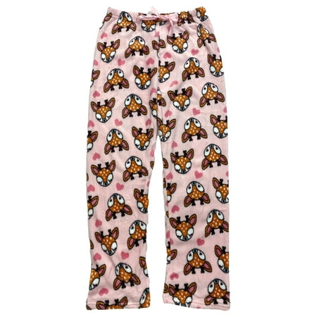 Womens Plush Pink Reindeer Christmas Holiday Sleep Pants Pajama Bottoms S/M