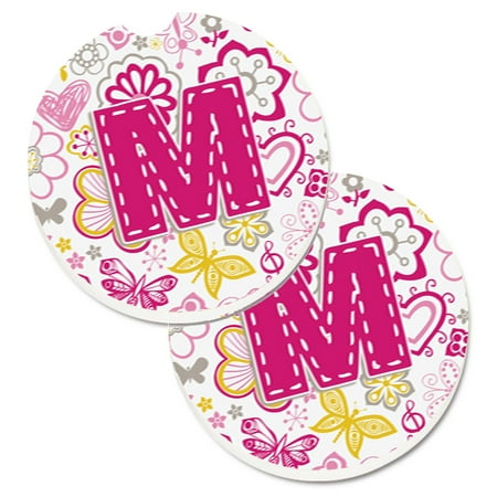 Carolines Treasures CJ2005-MCARC Letter M Flowers and Butterflies Pink Set of 2 Cup Holder Car Coasters Large