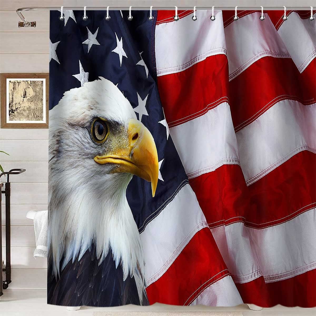 American Flag Shower Curtain Bald Eagle Hawk Bird Red White Stars And