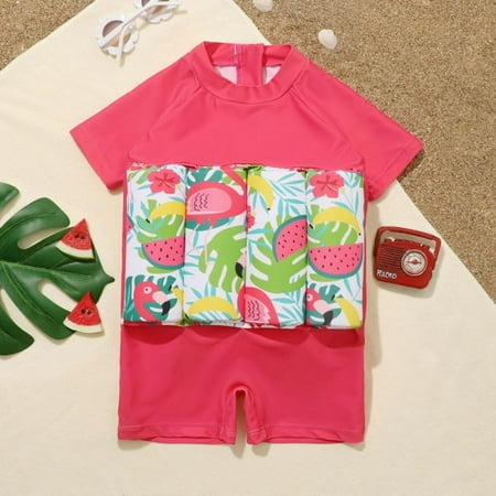 GYRATEDREAM Baby Toddler Girls Boys Float Suit One Piece Rashguard Cartoon Short Sleeve Zip up Buoyancy Swimsuit 2-9T