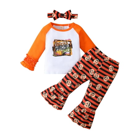 aturustex Halloween 3Pcs Toddler Girl Outfits Long Sleeve Letter Print Tops + Pumpkin Smiley Print Striped Flare Pants + Headband 1-5 Years
aturustex Halloween 3Pcs Toddler Girl Outfits Long Sleeve Letter Print Tops + Pumpkin Smiley Print Striped Flare Pants + Headband 1-5 Years